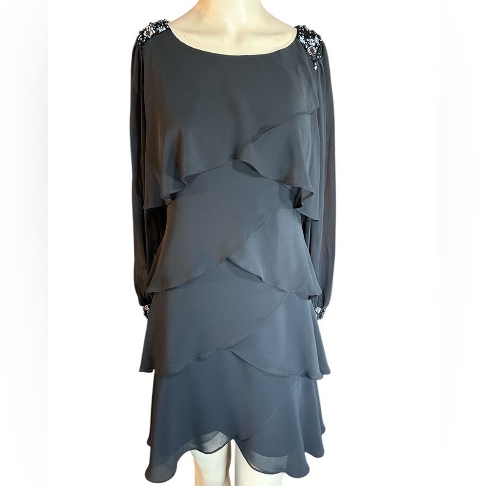 Blue Gray Ruffled Tiered Long Sleeve Dress